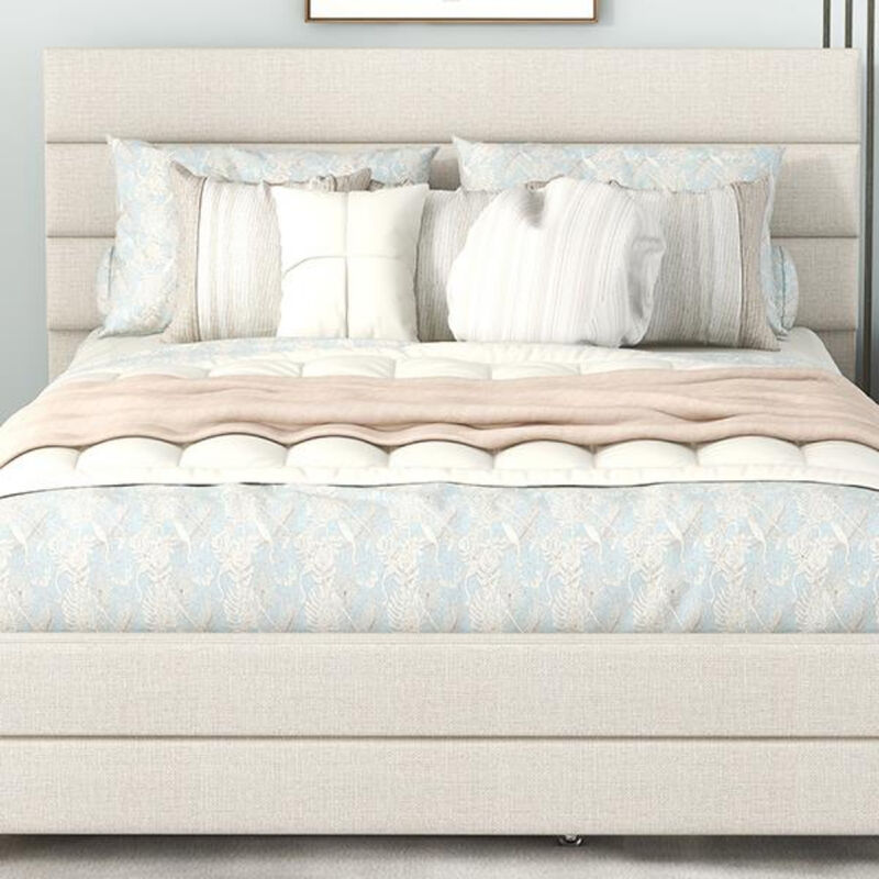 Platform Bed with Upholstered Headboard Trundle and Two Drawers