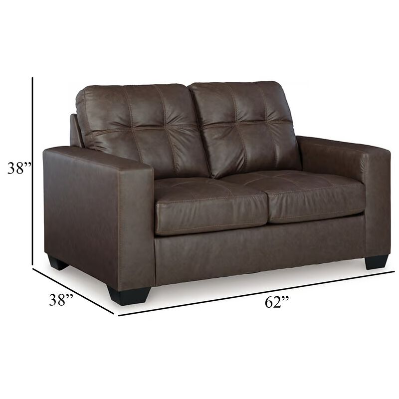 Barl Loveseat, Modern, 62 Inch Soft Tufted Dark Brown Faux Leather - Benzara