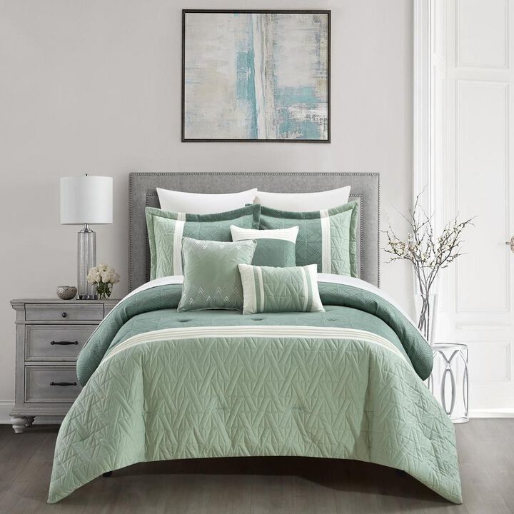 Chic Home Macie Comforter Set Jacquard Woven Geometric Design Pleated Quilted Details Bedding - Decorative Pillows Shams Included - 6 Piece - King 104x96", Green
