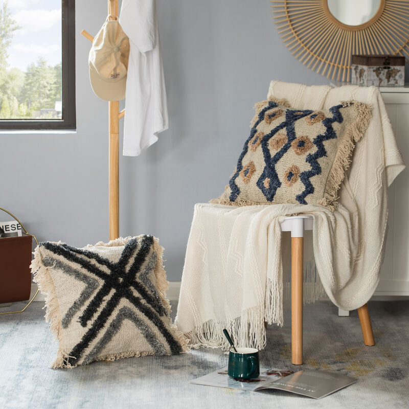 16" Handwoven Cotton & Silk Throw Pillow Cover with Embossed Zig Zag with Filler, Blue & Beige