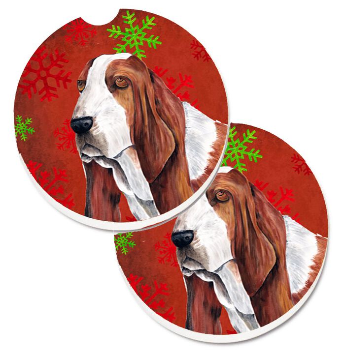 Caroline's Treasures Basset Hound Red & green Snowflakes Holiday Christmas Set of 2 Cup Holder Car Coasters SC9412CARC, 2.56, Multicolor