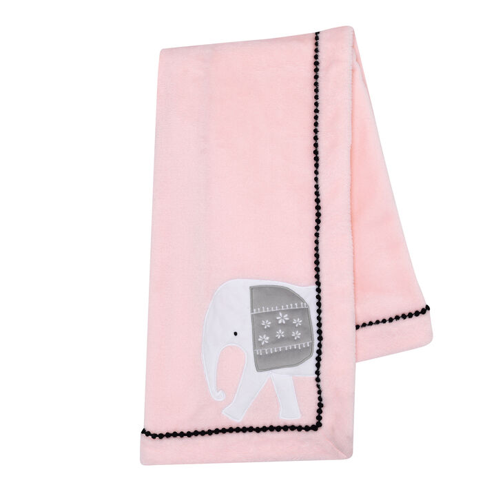 Lambs & Ivy Happy Jungle Pink Elephant Fleece Baby Blanket w/ Pom Pom Trim