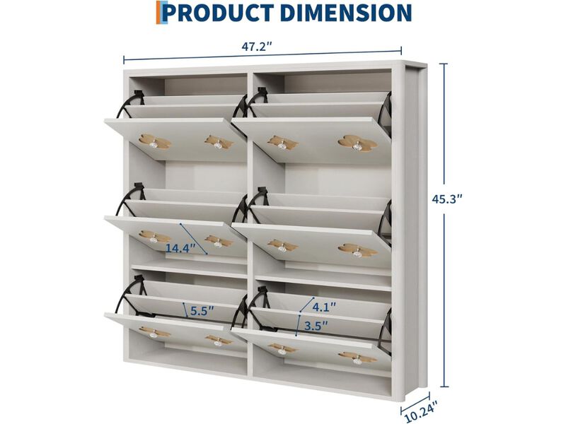 Slim Entryway Wood Shoe Storage Cabinet Flip Drawer Adjustable Shelves White image number 2