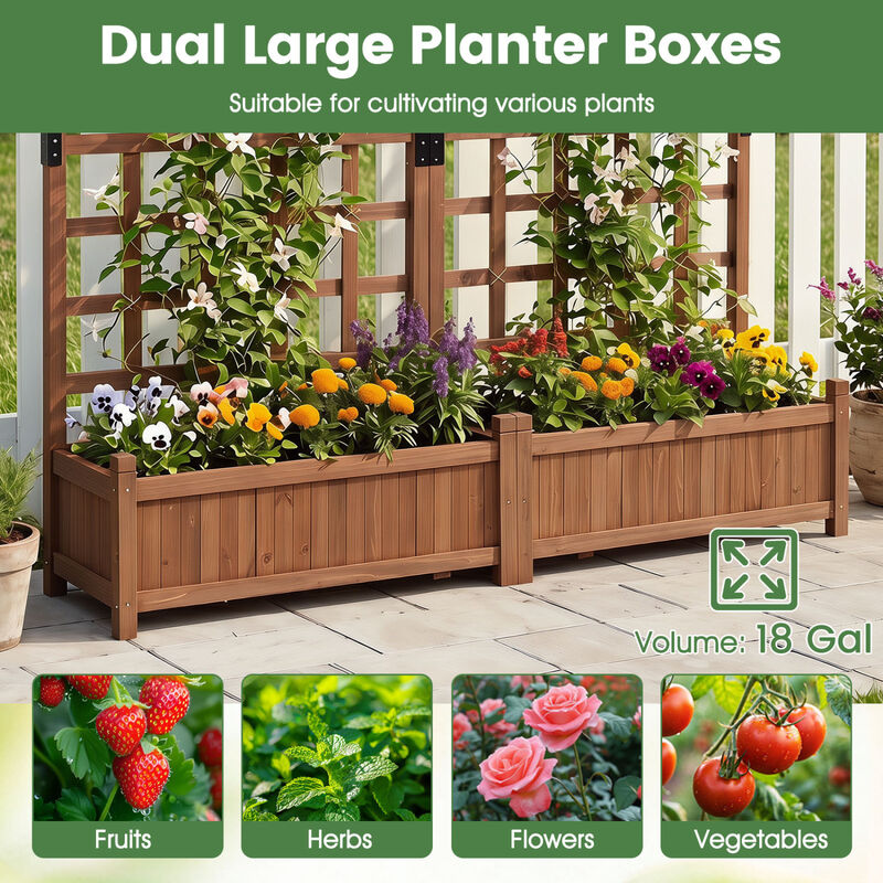 Dual Wooden Raised Garden Bed with Trellis and Drainage Holes image number 5