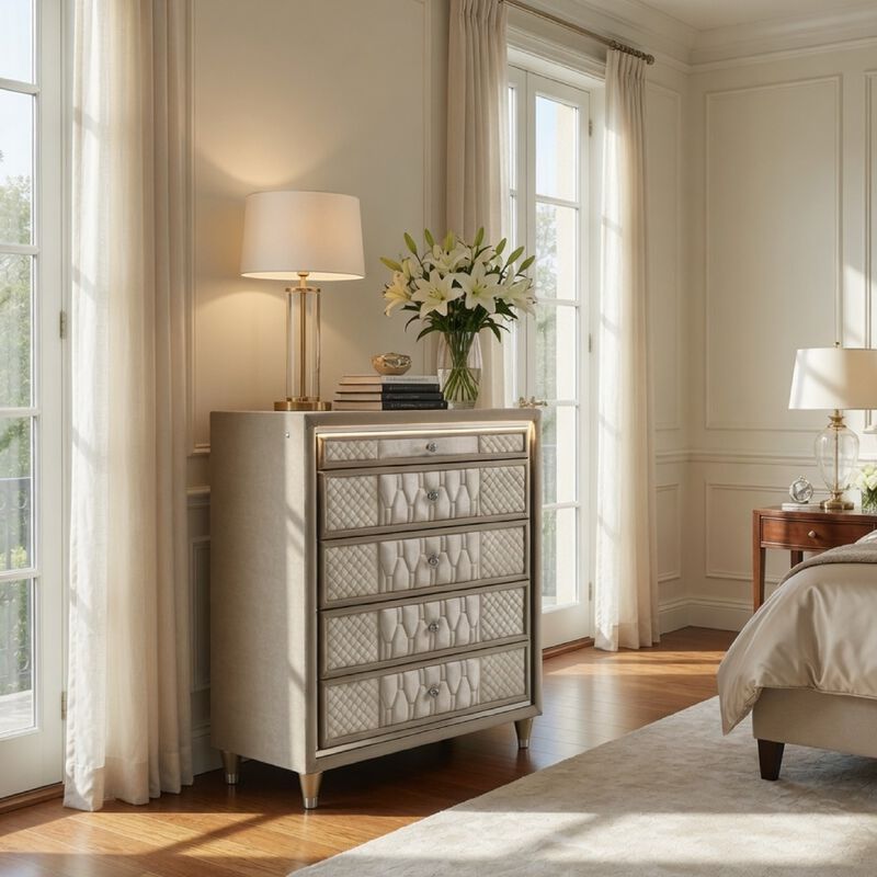 Maren Tall Dresser Chest, 5 Drawers and LED Light, Ivory Tufted Velvet image number 8