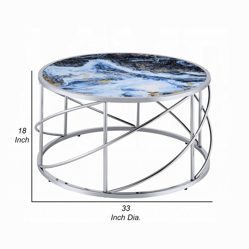 Shira Round Coffee Table, 33 Inch, Open Chrome Base, Blue Faux Marble
