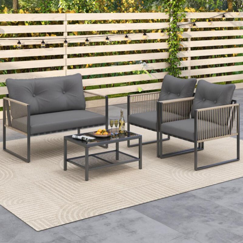 Hivvago 4 Pieces Outdoor PE Rattan Conversation Sofa Set with Cushions