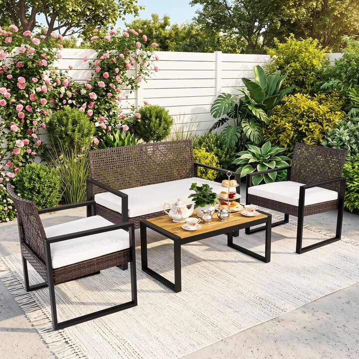 4-Piece Backyard Patio Furniture Set with Acacia Table and Wicker Chairs