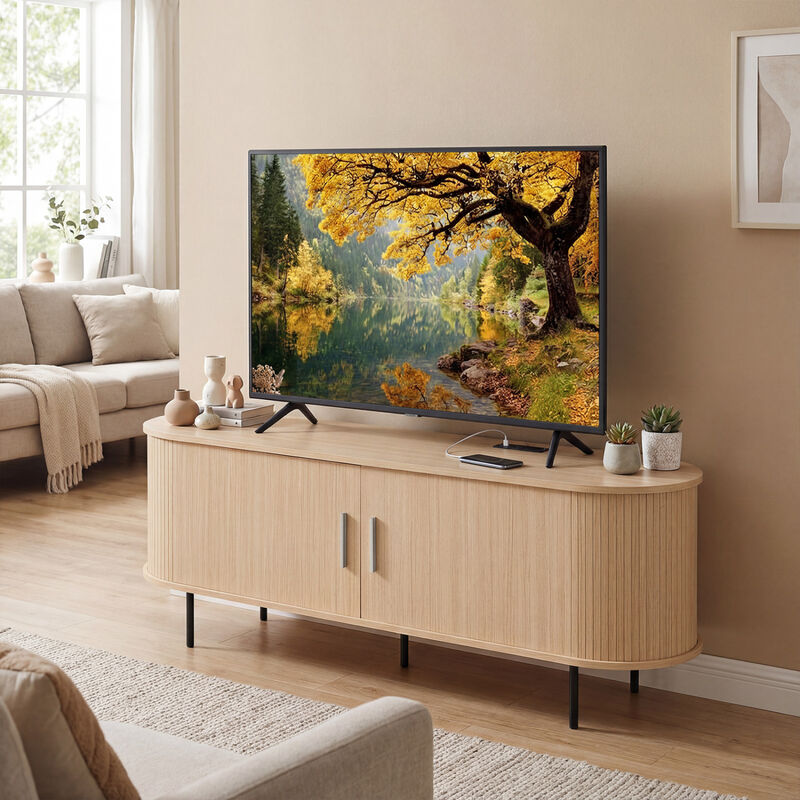 Mid Century Modern Fluted TV Stand with Curved Entertainment Center image number 1