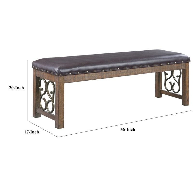 Ral 56 Inch Solid Wood Padded Bench, Metal Scroll Design, Nailhead, Brown - Benzara