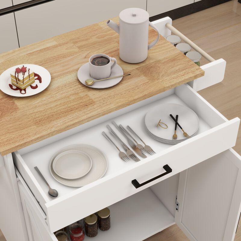 Kitchen island rolling trolley cart with Adjustable Shelves towel rack seasoning rack rubber wood table top White