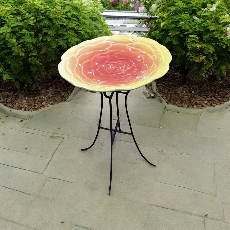 Ceramic Floral Birdbath with Metal Stand &ndash; Outdoor Garden Decor