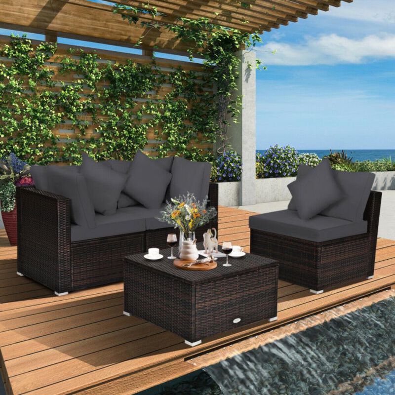 Hivvago 4 Pieces Patio Rattan Furniture Set with Removable Cushions and Pillows