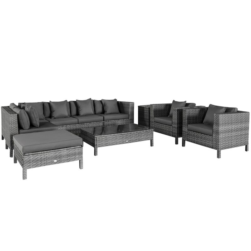 9-Piece Rattan Wicker Outdoor Patio Sectional Furniture Conversation Set with Thick Soft Cushions, Footstool & Tea Table, Black