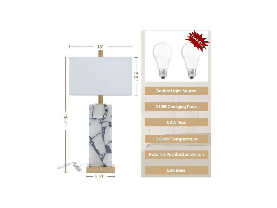 Natural Marble Table Lamps – Set of 2, 3-Color LED, USB A+C, Nightlight