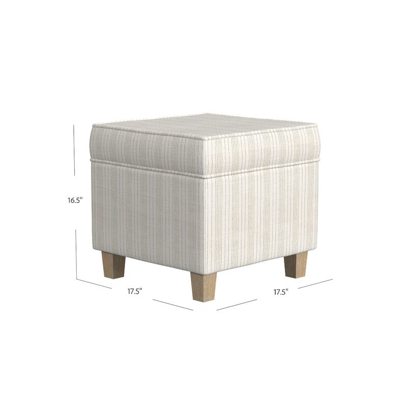 Pyp Square Storage Ottoman, 18 Inch Ivory Pinstripe Fabric, Brown Legs - Benzara
