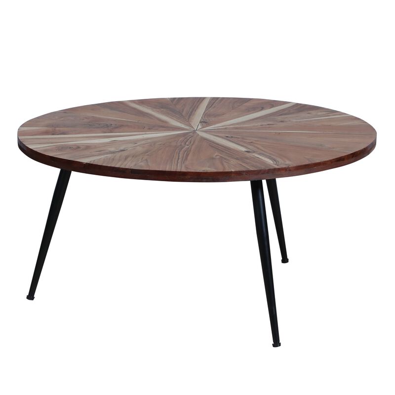 31 Inch Round Acacia Wood Coffee Table, Sunburst Design, Black Powder Coated Tapered Iron Legs, Natural Brown-Benzara image number 2