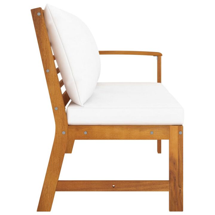 Outdoor Patio Bench, 45 Inch, Solid Brown Acacia Wood, Cream Polyester - Benzara
