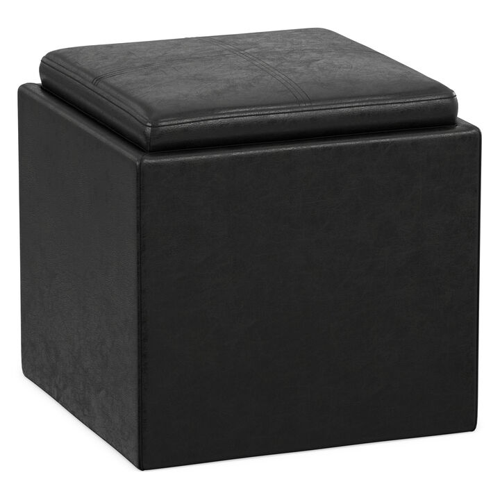 Rockwood 17 inch Wide Contemporary Square Cube Storage Ottoman with Tray in Distressed Black Vegan Faux Leather, Assembled