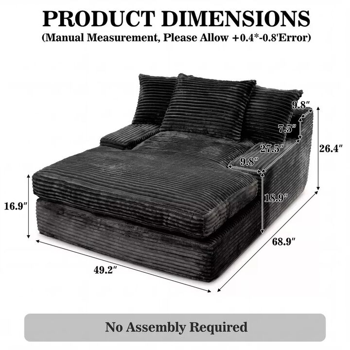 69" Oversized Corduroy Armless Chaise Lounge Sleeper Sofa Bed Plush Couch with 3 Supportive Pillows