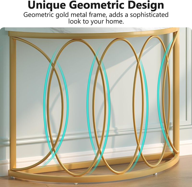 Half Moon Console Table with Faux Marble Top, Sofa Entryway Table-White image number 7