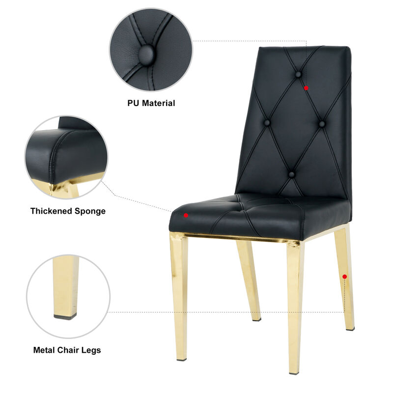 Modern simple light luxury dining chair Black chair Family bedroom chair PU fabric dining chair goldplated legs (set of 2)