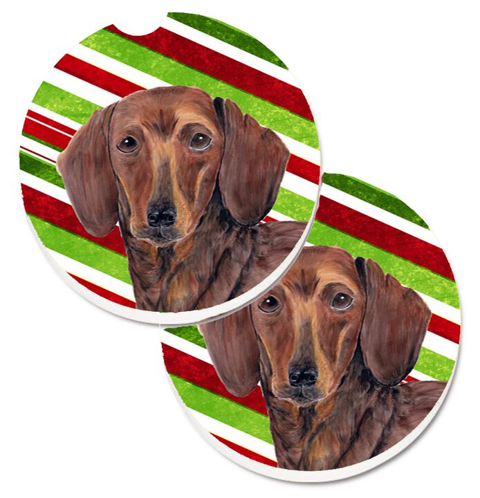 Caroline's Treasures Dachshund Candy Cane Holiday Christmas Set of 2 Cup Holder Car Coasters SC9328CARC, 2.56, Multicolor