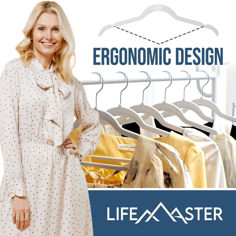 Velvet Clothes Hanger &ndash; with 360 Degree Swivel Hook and Non-Slip Shoulder Notch, Holds Up to 10 lbs, Heavy Duty Hanger Set, for Organizing Suit, Dress, Coat, and Clothes, Pack of 50, White
