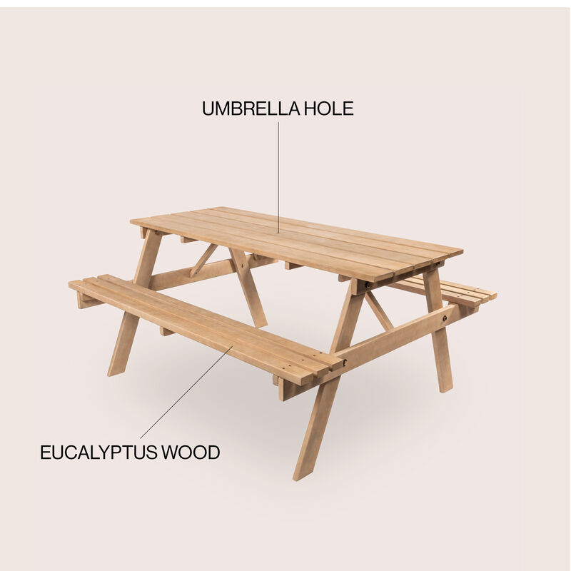 Shoreham Modern Classic Outdoor Wood Picnic Table Benches with Umbrella Hole