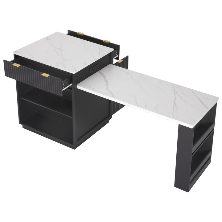 Merax Fluted Kitchen Island with Extendable Dining Table for 4-6, Island Table for Kitchen with Power Outlet