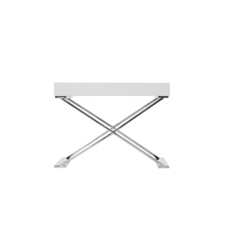 Rix 21 Inch Side End Table, 1 Drawer, X Shape Steel Legs, White Wood Top