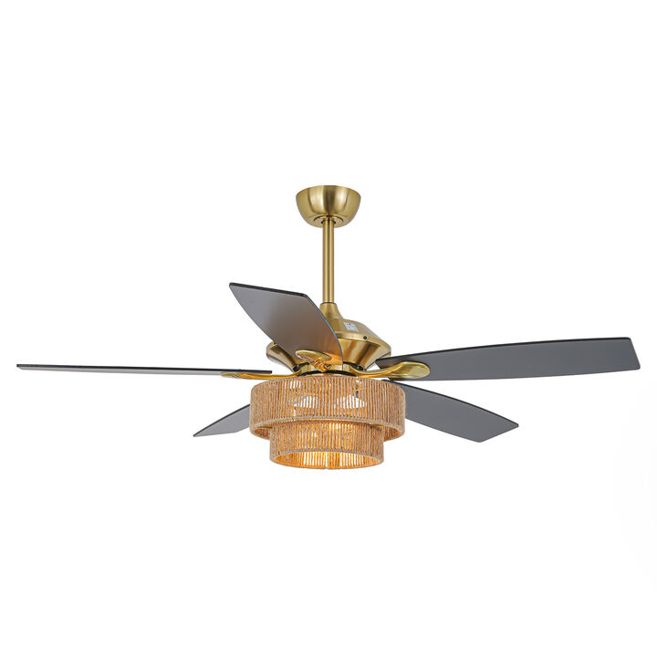 52" Farmhouse Natural Reversible 5-Blade Gold Ceiling Fan with Remote