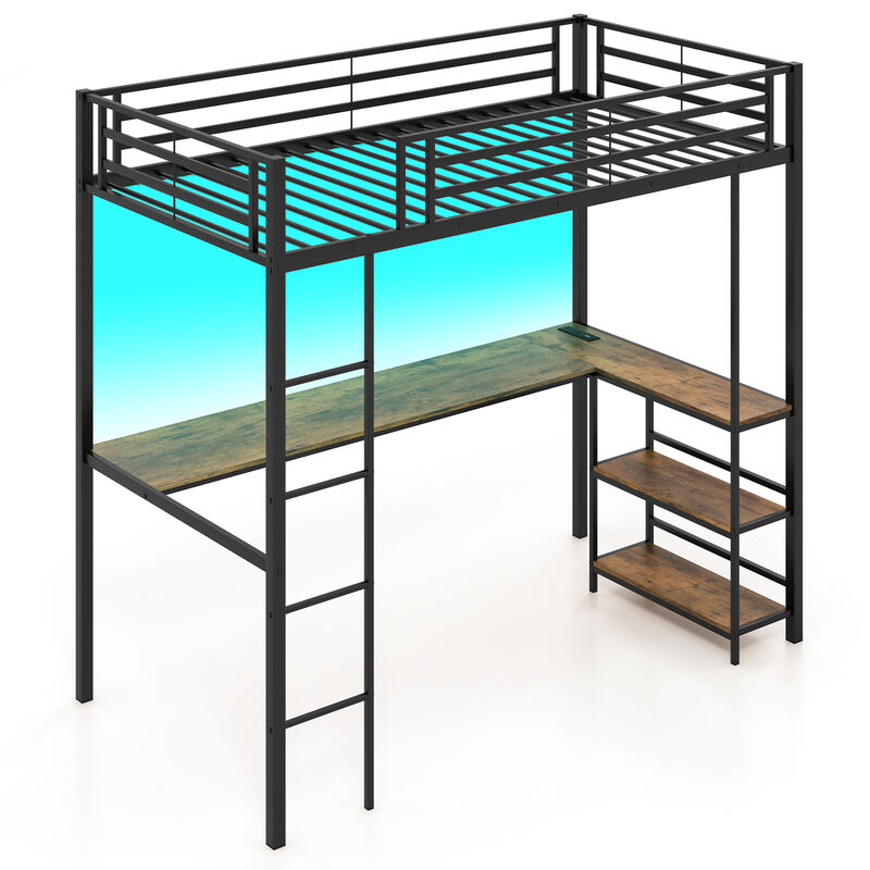 Loft Bed Raised Platform Bed with Desk and 2 Storage Shelves