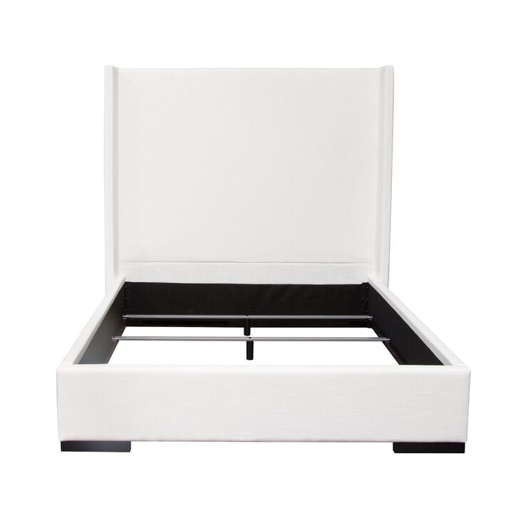 Boa Queen Size Bed w Vintage Wing Headboard, White Linen Upholstery