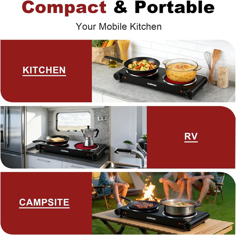 Cusimax 7.1 inch Portable Electric Hot Plate, 1800W Glass Dual Countertop Electric Cooktop, Stainless Steel Infrared Electric Stove image number 7