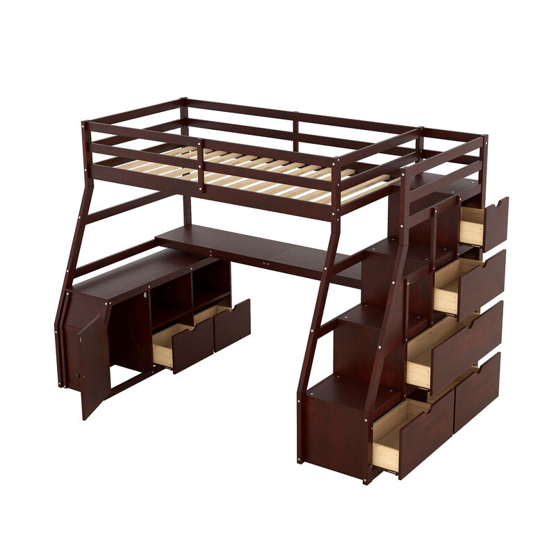 Merax Loft Bed with 7 Drawers and Desk