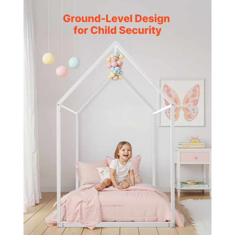 Twin Size House Bed Frame, Metal Kids Floor Bed with Roof, Steel Slats Support, White image number 3