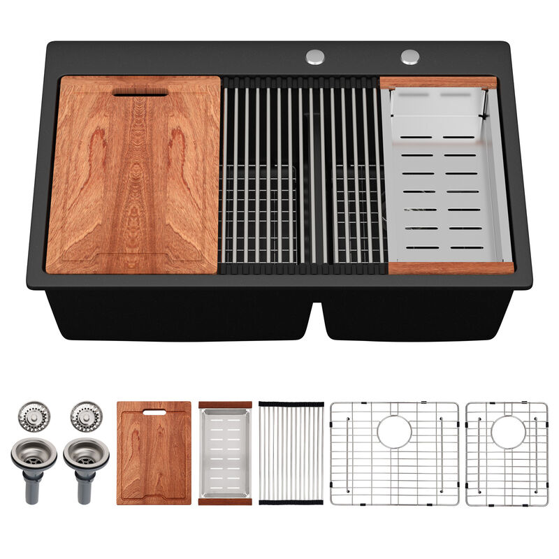 33x22x10 Inch Black Granite Composite Workstation kitchen Sink Low Divide 60/40 Double Bowl Quartz Drop In Kitchen Sink