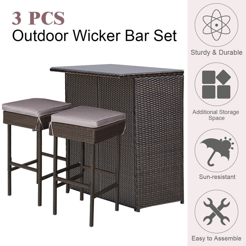 3PCS Patio Rattan Wicker Bar Table Stools Dining Set