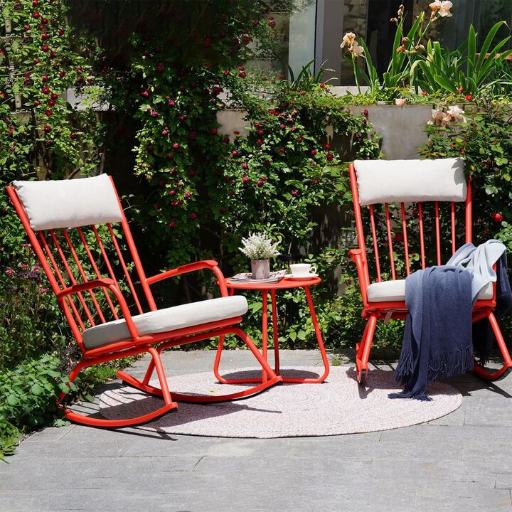 Mondawe Outdoor 3-Pcs Detachable Rocking Chair Set W/ Thick Cushions Seat & X-Shaped Base Side Table