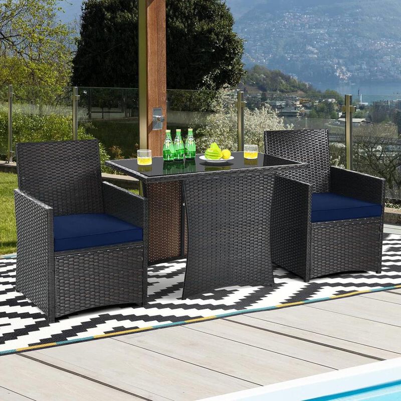 Hivvago 3-Piece Patio Furniture Outdoor Dining Set Brown PE Rattan Navy Blue Cushions