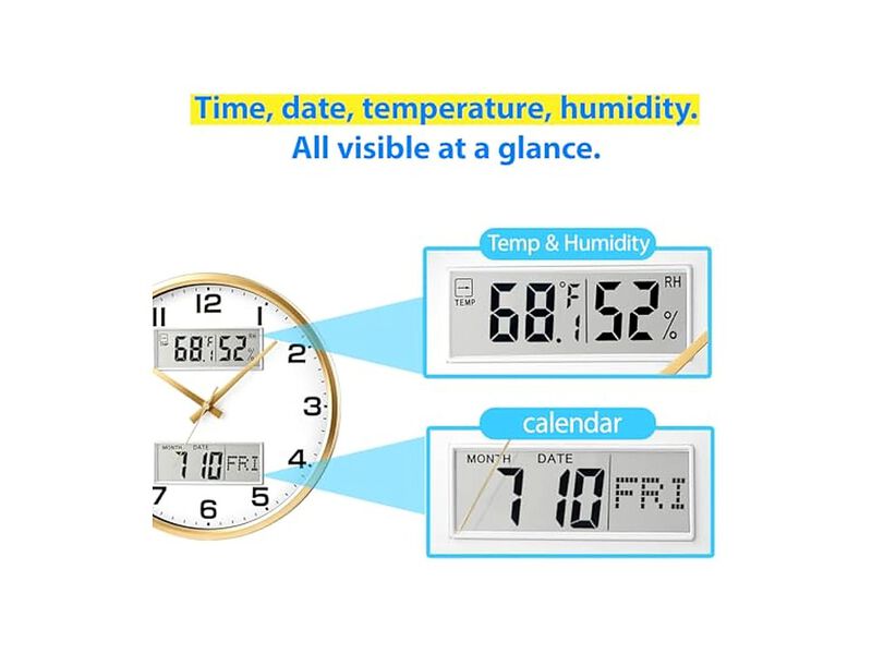 Gold Calendar Temperature Humidity Wall Clock 13 Inch Silent Battery Operated image number 2