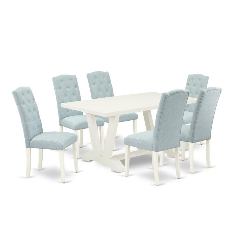 East West Furniture 7-Piece Dining Table Set- 6 Kitchen Chairs with Baby Blue Linen Fabric Seat and Button Tufted Chair Back - Rectangular Table Top & Wooden Legs - Linen White and Linen White Finish