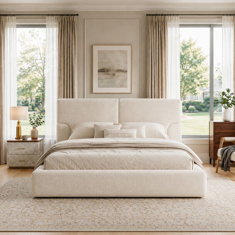 Schel Platform Bed Frame with Padded Textured Fabric Headboard image number 1
