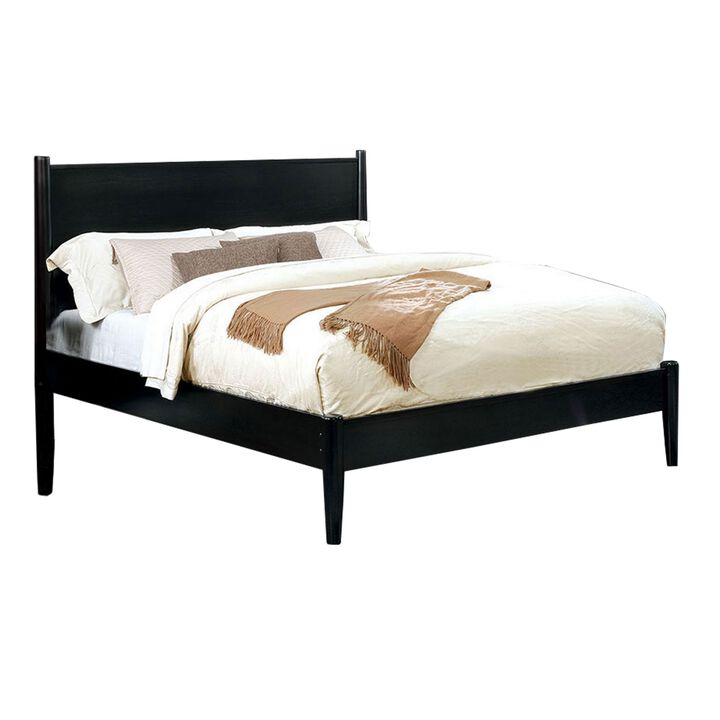 Mid Century Modern Wood Queen Bed with Round Tapered Legs, Black-Benzara
