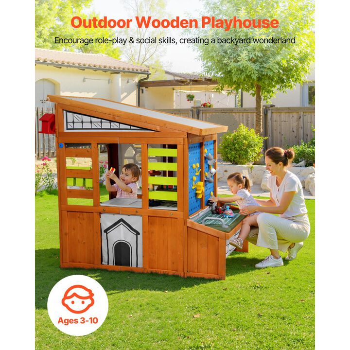 Outdoor Kids Playhouse with Doorbell, Storage Pocket and Gravity Wall Set-Brown