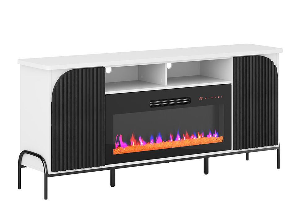 BELLEZE 68 Inch Fluted TV Stands with 36" Electric Fireplace, Modern Fluted Entertainment Center with Open Storage Shelves& Cabinets, Media Console TV Cabinet For Living Room Bedroom (White)