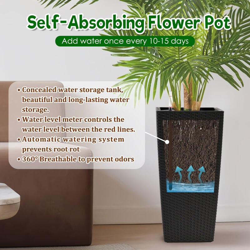 WOW PIONEER 2 Pack High Square Faux Rattan Planters with Automatic Watering System image number 3