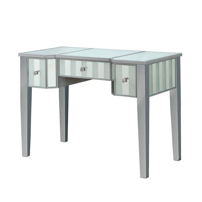 Wooden Vanity Set with Stool and Mirror Panel Inserts, Gray and Silver-Benzara image number 3