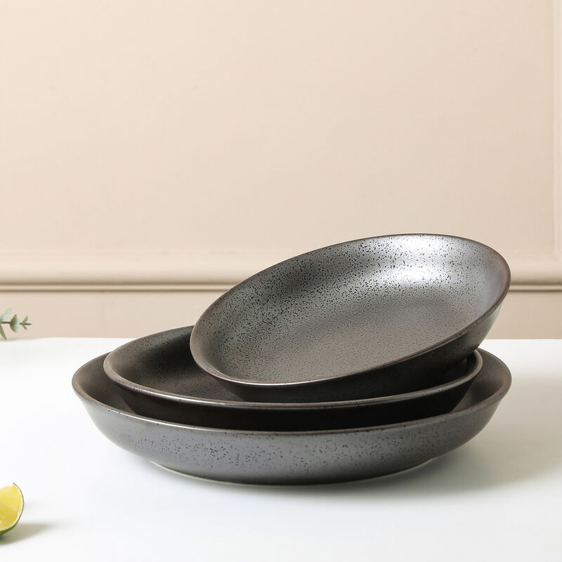Stone Lain Valencia Porcelain Serving Bowl Set 3 Piece, Metallic Grey